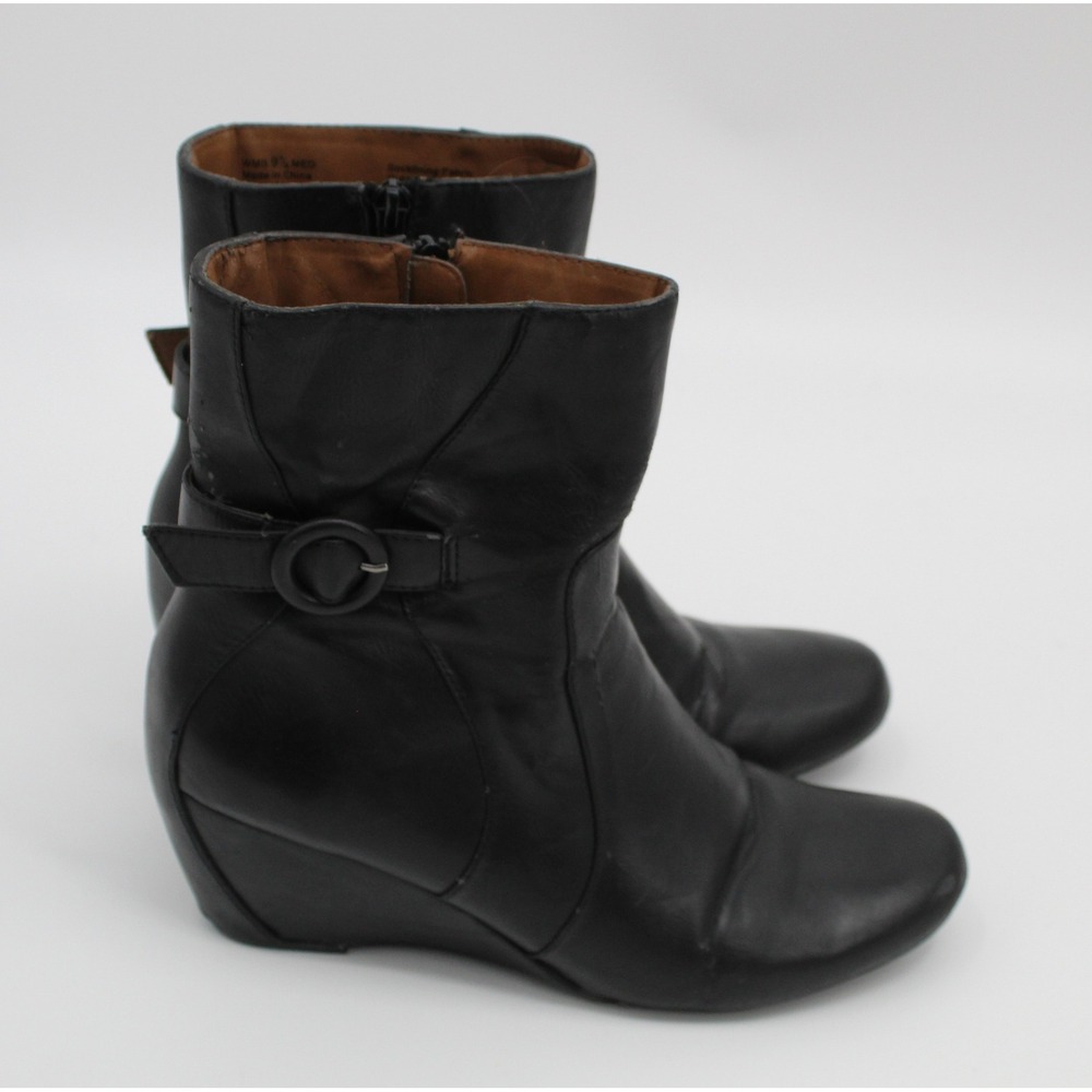 Natural Soul by Naturalizer Emma Black Wedge Ankle Boots Womens 9.5 M Side Zip